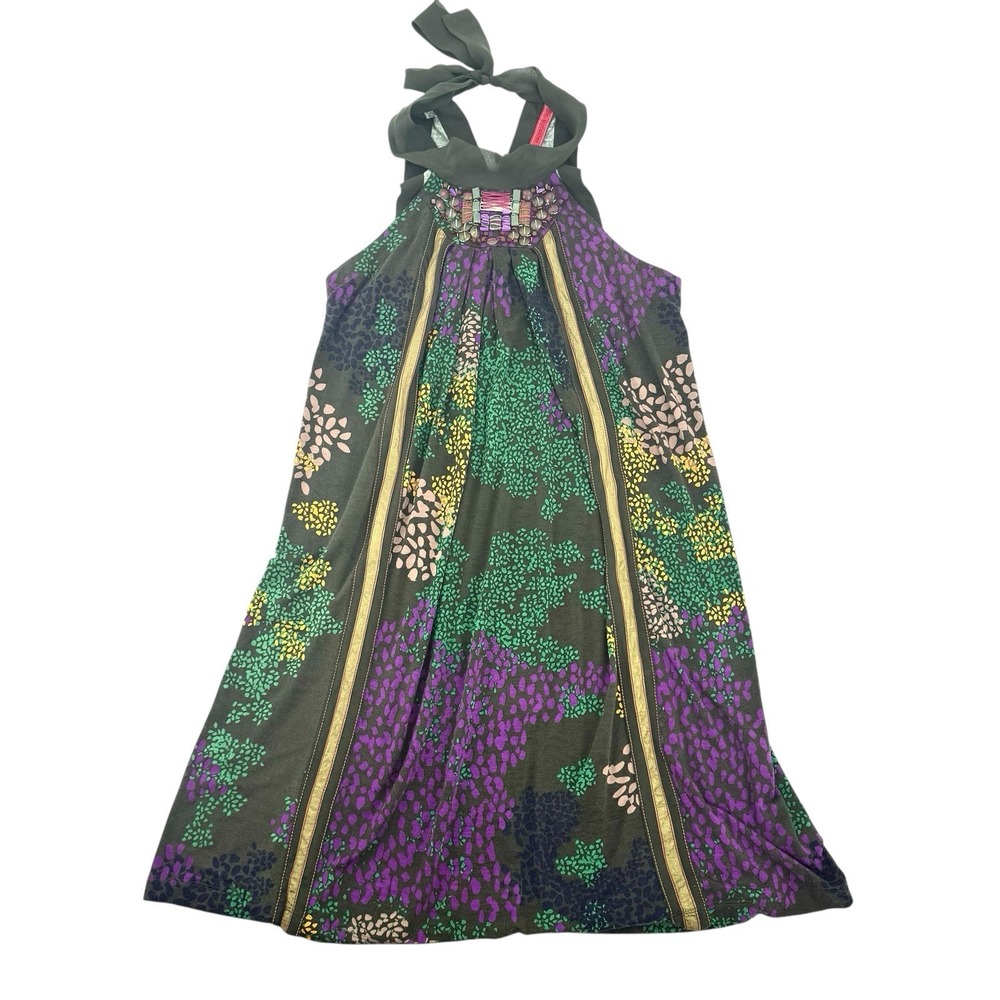 One September Anthropology Boho Green Embroidered Racerback Mini Dress NWOT